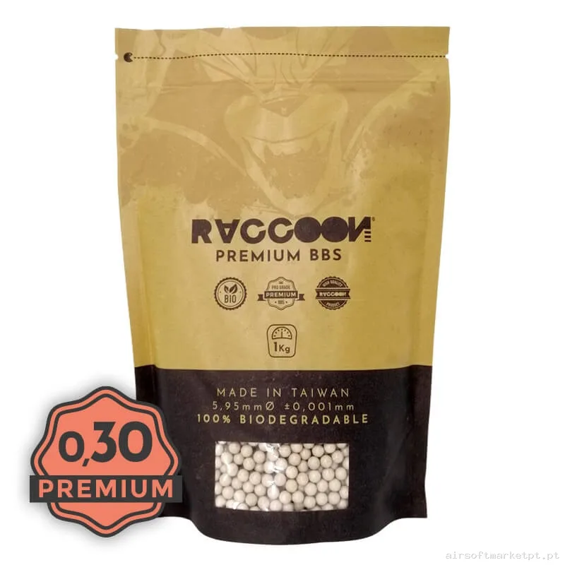 BBs Bio 0.30g Raccoon Premium 1kg Brancas — Munição (BBs) — Airsoft Market PT