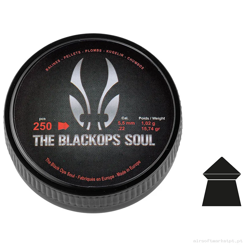 Perdigão Diábolo Punta Afilada 5.5mm 1.02g BO Manufacture Black Ops Soul Pointed 250u — Munição (BBs) — Airsoft Market PT