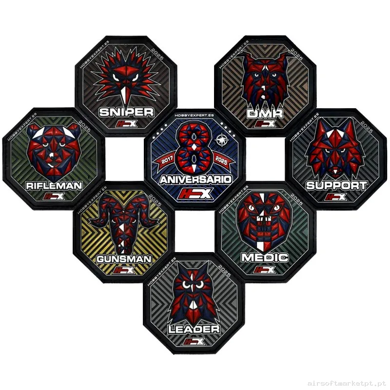 Conjunto de Patches Goma Relevo Hobby Expert 2025 Coleção 8º Aniversário 8u — Patches & Decoração — Airsoft Market PT