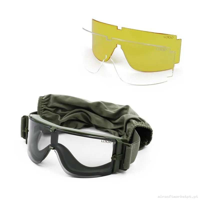 GAFA CORSO REVENGE X800 CONFUNDA + 3 LENTES INTERCAMBIABLES VERDE OD — Proteção Ocular & Facial — Airsoft Market PT