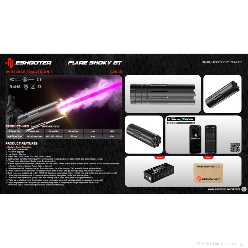 Silenciador Trazador Fogonazo E-Shooter humo Flare Smoky BT V900 Bluetooth Negro — Lanternas & Lasers — Airsoft Market PT (foto 3)