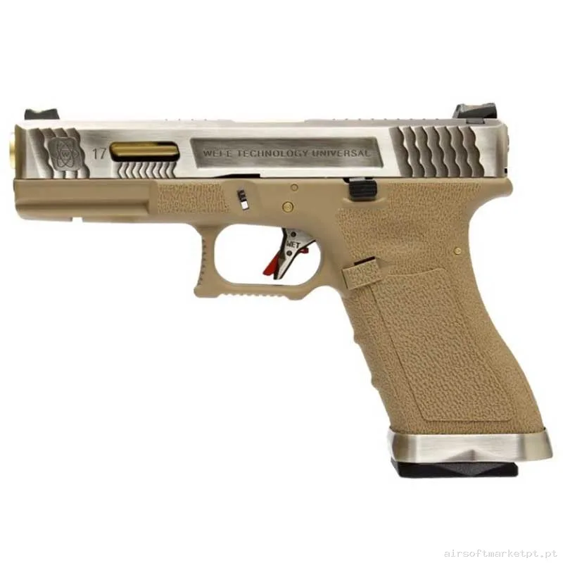 Réplica GBB Pistola G17 WE G-Force 17 Bk Gold Barrel Metal Version tan/Plata — Pistolas — Airsoft Market PT