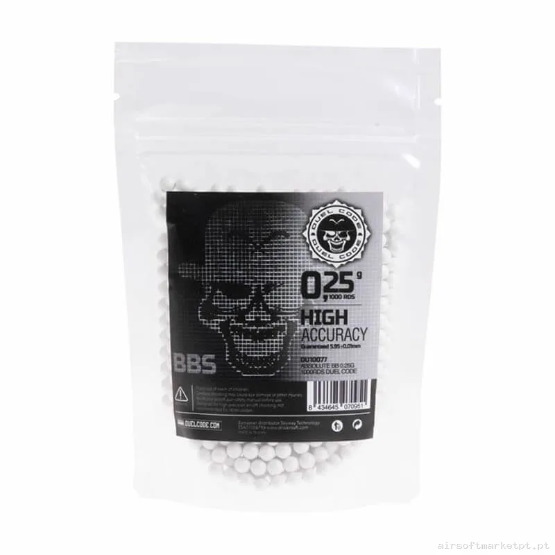 BBs 0.25g Duel Code Absolute 1000 BBs Brancas — Munição (BBs) — Airsoft Market PT