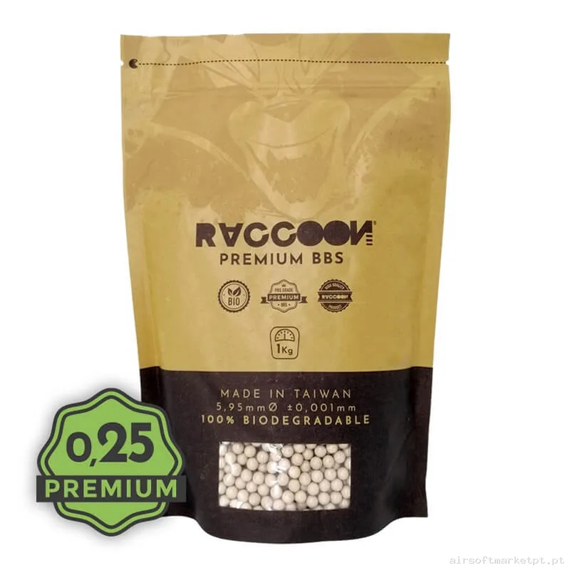 BBs Bio 0.25g Raccoon Premium 1kg Brancas — Munição (BBs) — Airsoft Market PT