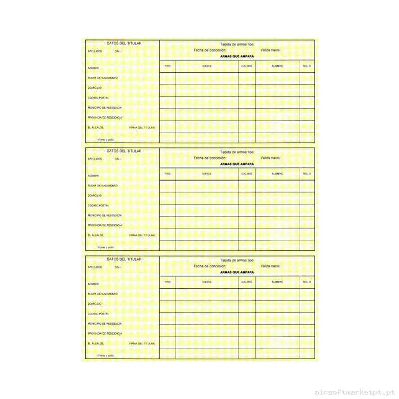 Cartão Amarelo de Registro de Armas (Folha Completa 3 Unidades) — Armas (Réplicas) — Airsoft Market PT