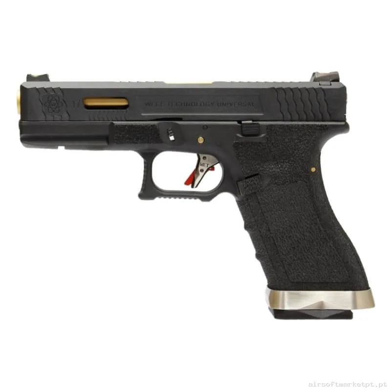 Réplica GBB Pistola G17 WE G-Force 17 Bk Cano Dourado Versão Metálica Preta — Pistolas — Airsoft Market PT