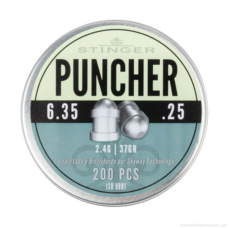 Perdigão Diábolo Ponta Arredondada 6.35mm 2.40g Stinger Puncher 200u — Munição (BBs) — Airsoft Market PT