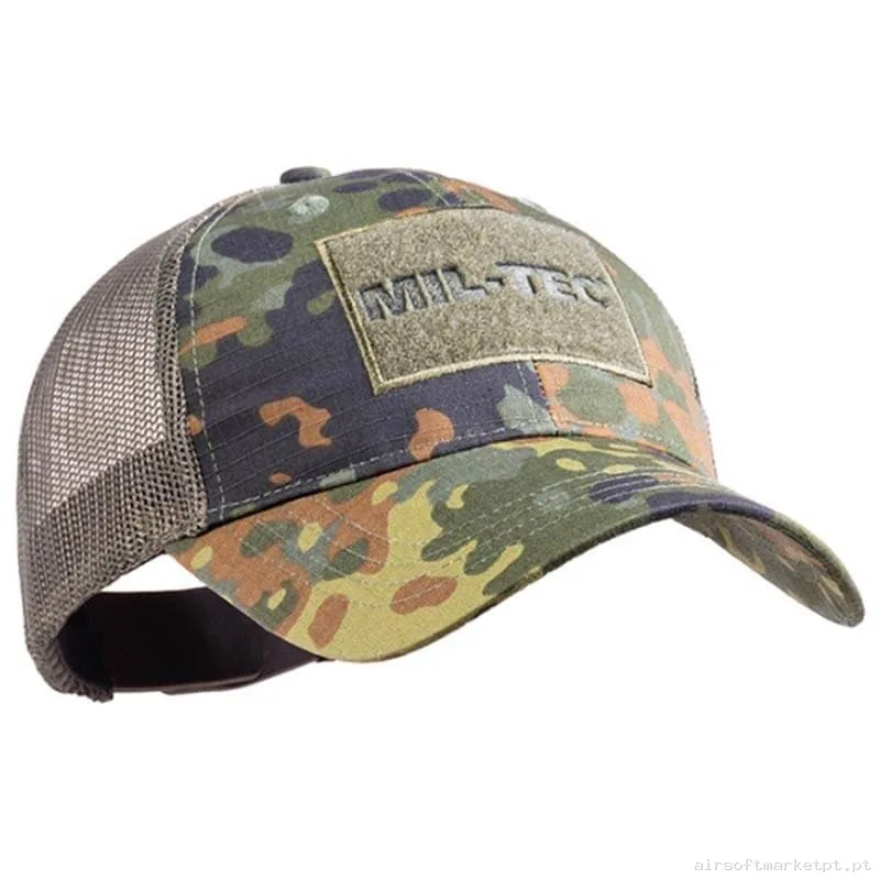 Boné de Beisebol Velcro Mil-Tec Cap Trucker Estilo Flecktarn — Proteção Ocular & Facial — Airsoft Market PT