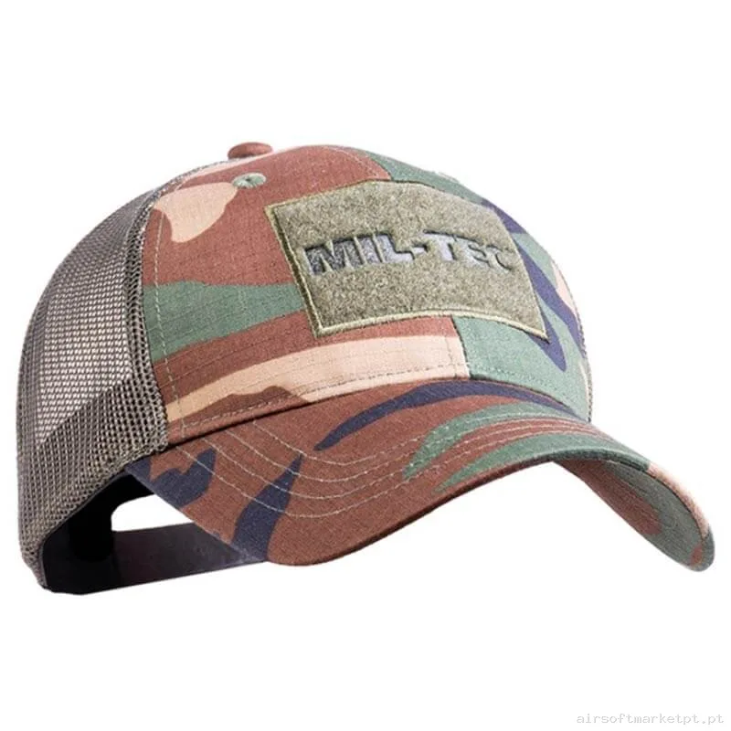 Boné de Beisebol Velcro Mil-Tec Trucker Cap Woodland — Proteção Ocular & Facial — Airsoft Market PT