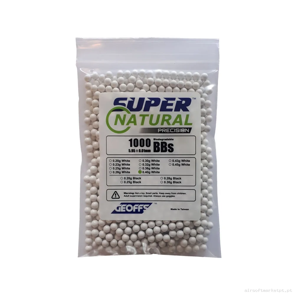 BBs Bio 0.40g Geoffs Super Natural Precisão 1000 BBs Brancas — Munição (BBs) — Airsoft Market PT