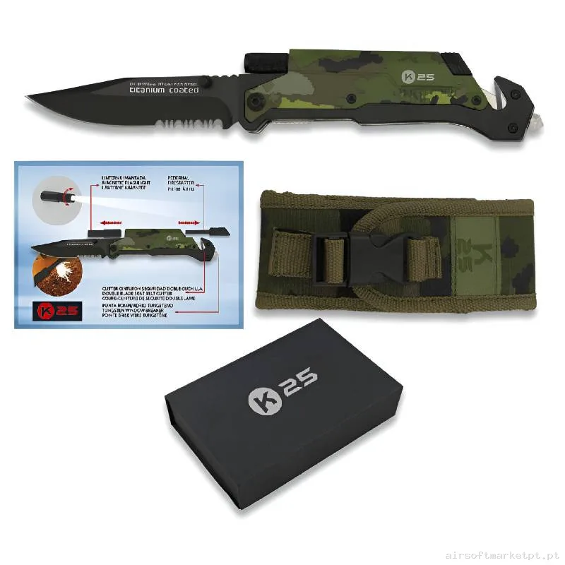 Faca Tática K25 18205 Revestida de Titânio 9.5cm com Pederneira, Lanterna e Estojo — Ferramentas — Airsoft Market PT