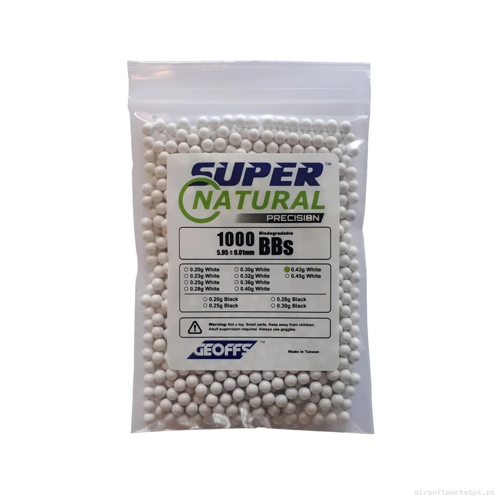 BBs Bio 0.43g Geoffs Super Natural Precisão 1000 Bbs Brancas — Munição (BBs) — Airsoft Market PT