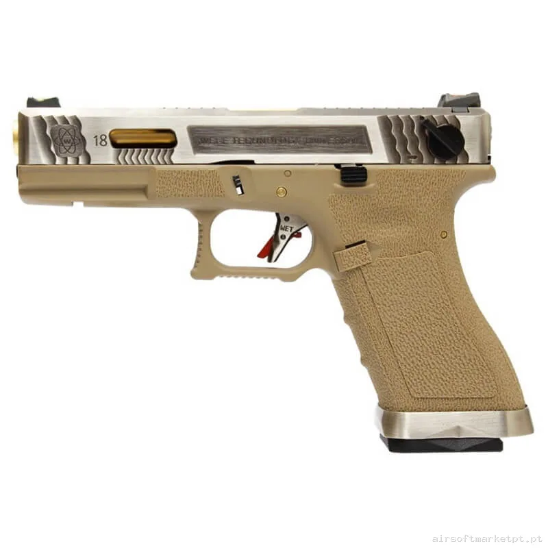 Réplica GBB Pistola G18 WE G-Force 18 Bk Gold Barrel Metal Version tan/Plata — Pistolas — Airsoft Market PT