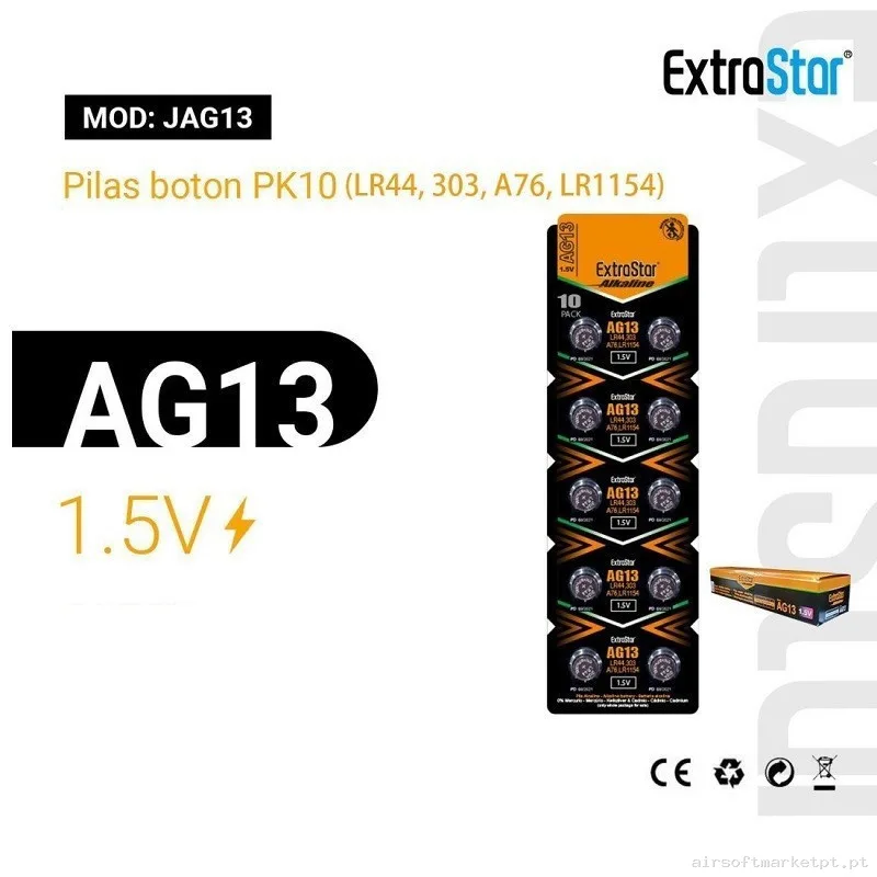 Pack de 10 Pilas de boton LR44-AG13 EXTRASTAR — Acessórios & Componentes — Airsoft Market PT