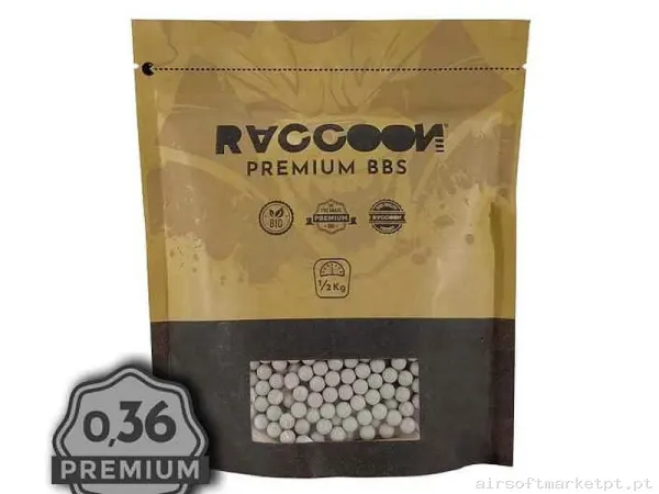 BBs Bio 0.36g Raccoon Premium BBs 0.5kg Brancas — Munição (BBs) — Airsoft Market PT