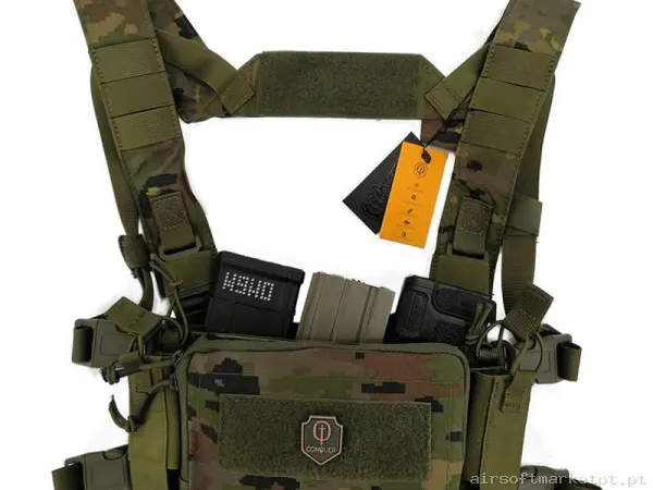 Colete Chest Rig Conquer Micro Chest Rig Boscoso Pixelado — Coletes & Rigs — Airsoft Market PT