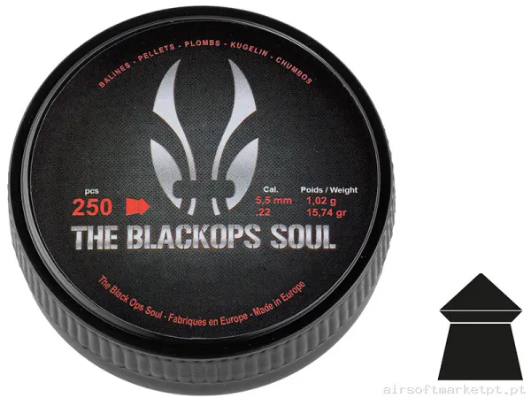 Perdigão Diábolo Punta Afilada 5.5mm 1.02g BO Manufacture Black Ops Soul Pointed 250u — Munição (BBs) — Airsoft Market PT