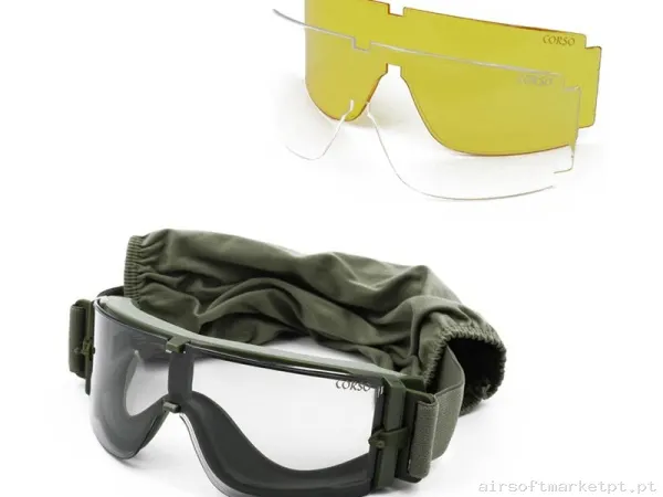 GAFA CORSO REVENGE X800 CONFUNDA + 3 LENTES INTERCAMBIABLES VERDE OD — Proteção Ocular & Facial — Airsoft Market PT