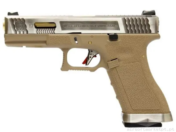 Réplica GBB Pistola G17 WE G-Force 17 Bk Gold Barrel Metal Version tan/Plata — Pistolas — Airsoft Market PT