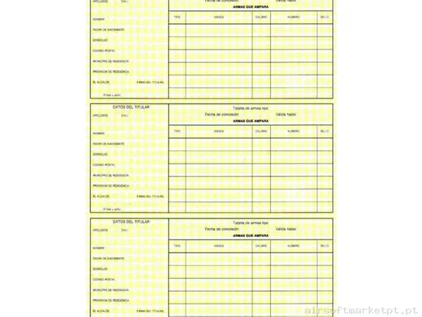 Cartão Amarelo de Registro de Armas (Folha Completa 3 Unidades) — Armas (Réplicas) — Airsoft Market PT