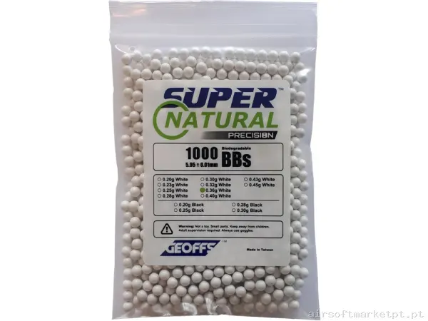 BBs Bio 0.36g Geoffs Super Natural Precisão 1000 Bbs Brancas — Munição (BBs) — Airsoft Market PT