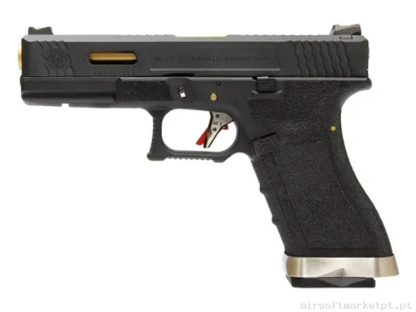Réplica GBB Pistola G17 WE G-Force 17 Bk Cano Dourado Versão Metálica Preta — Pistolas — Airsoft Market PT