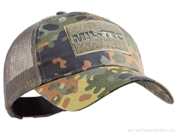 Boné de Beisebol Velcro Mil-Tec Cap Trucker Estilo Flecktarn — Proteção Ocular & Facial — Airsoft Market PT