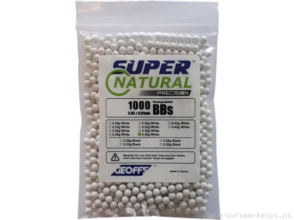BBs Bio 0.40g Geoffs Super Natural Precisão 1000 BBs Brancas — Munição (BBs) — Airsoft Market PT
