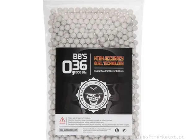 BBs 0.36g Duel Code Absolute 1000 BBs Brancas — Munição (BBs) — Airsoft Market PT