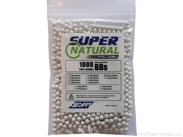 BBs Bio 0.43g Geoffs Super Natural Precisão 1000 Bbs Brancas — Munição (BBs) — Airsoft Market PT