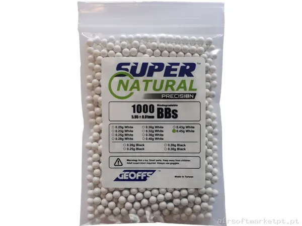 BBs Bio 0.45g Geoffs Super Natural Precisão 1000 Bbs Brancas — Munição (BBs) — Airsoft Market PT