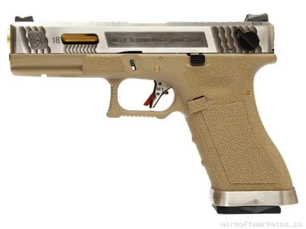 Réplica GBB Pistola G18 WE G-Force 18 Bk Gold Barrel Metal Version tan/Plata — Pistolas — Airsoft Market PT