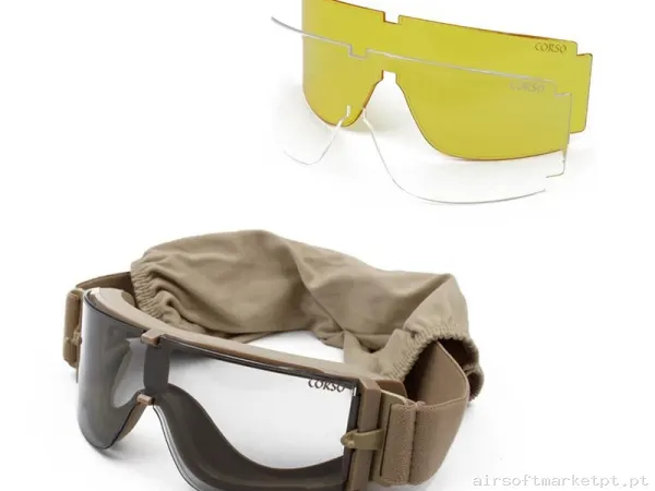 GAFA CORSO REVENGE X800 CONFUNDA + 3 LENTES INTERCAMBIABLES COYOTE — Proteção Ocular & Facial — Airsoft Market PT