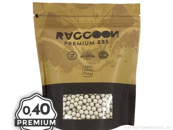 BOLAS RACCOON BIO PREMIUM 0,40 GRAMOS BLANCAS 1/2KG 1250 BBS — Munição (BBs) — Airsoft Market PT