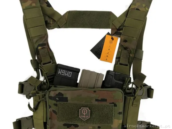 Chaleco Micro Chest Rig Conquer Boscoso Pixelado — Coletes & Rigs — Airsoft Market PT